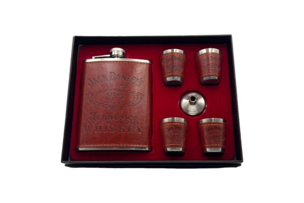 JACK DANIELS HIP FLASK AND SHORT GLASS GIFT SET STAINELSS STEEL LEATHER