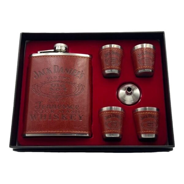 JACK DANIELS HIP FLASK AND SHORT GLASS GIFT SET STAINELSS STEEL LEATHER