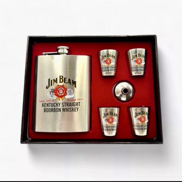 JIM BEAM HIP FLASK AND SHORT GLASS SET STAINESS STEEL
