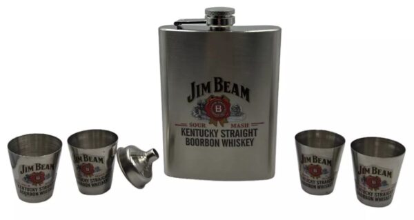 img_0935 JIM BEAM HIP FLASK AND SHORT GLASS SET STAINESS STEEL