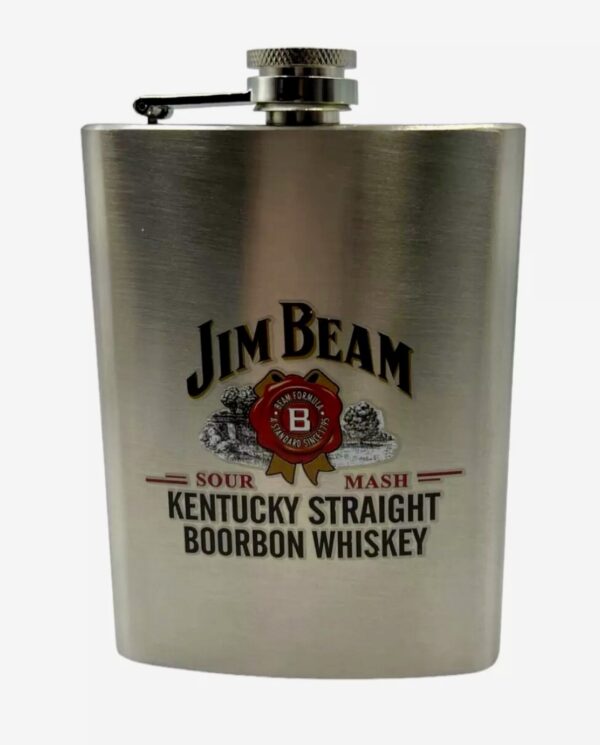 img_0936 JIM BEAM HIP FLASK AND SHORT GLASS SET STAINESS STEEL
