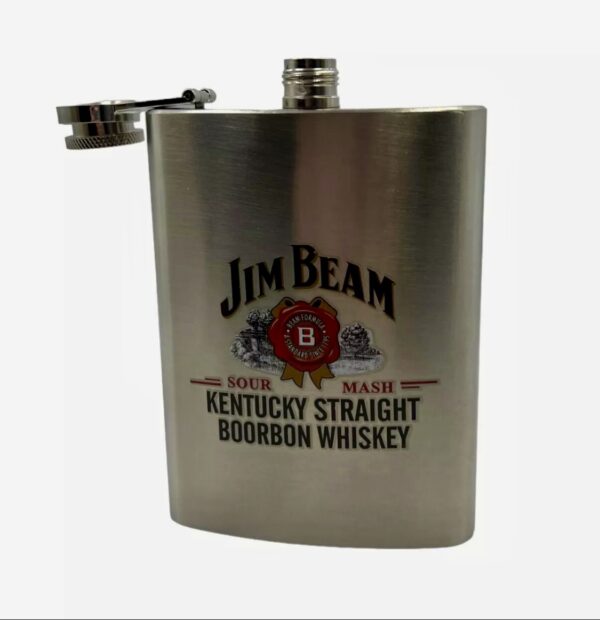 img_0938 JIM BEAM HIP FLASK AND SHORT GLASS SET STAINESS STEEL