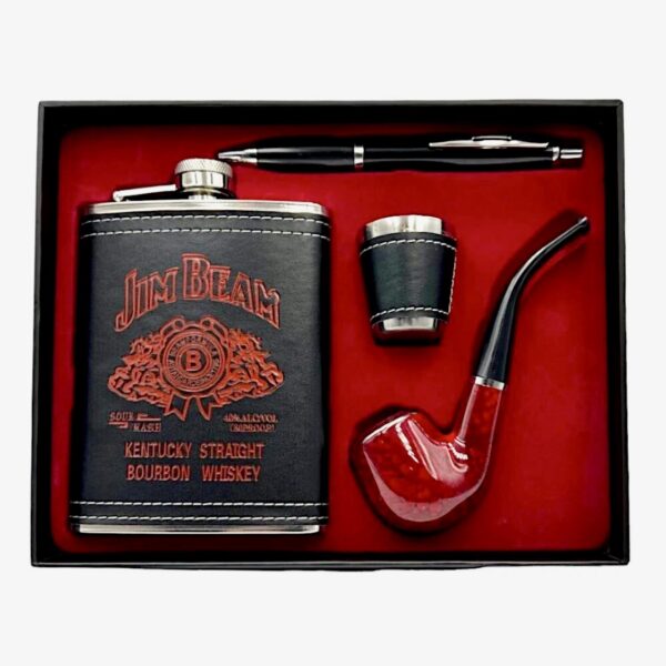 JIM BEAM HIP FLASK,SHORT GLASS,PIPE AND PEN GIFT SET STAINLESS STEEL