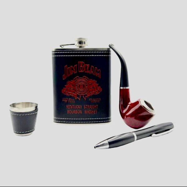 img_0940 JIM BEAM HIP FLASK,SHORT GLASS,PIPE AND PEN GIFT SET STAINLESS STEEL