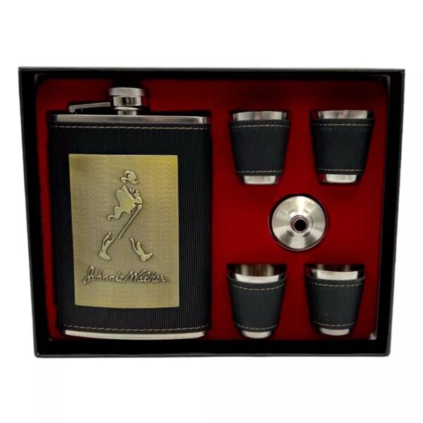 JOHNNIE WALKER HIP FLASK AND SHORT GLASS GIFT SET STAINLESS STEEL LEATHER