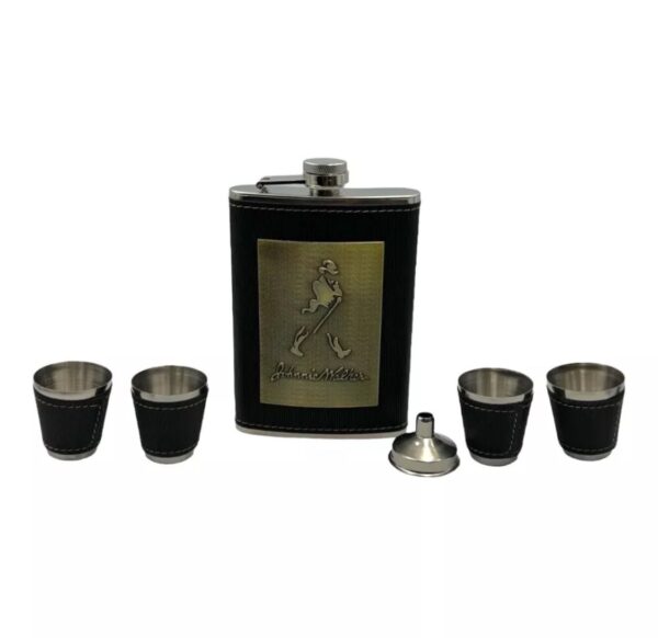 img_0968 JOHNNIE WALKER HIP FLASK AND SHORT GLASS GIFT SET STAINLESS STEEL LEATHER