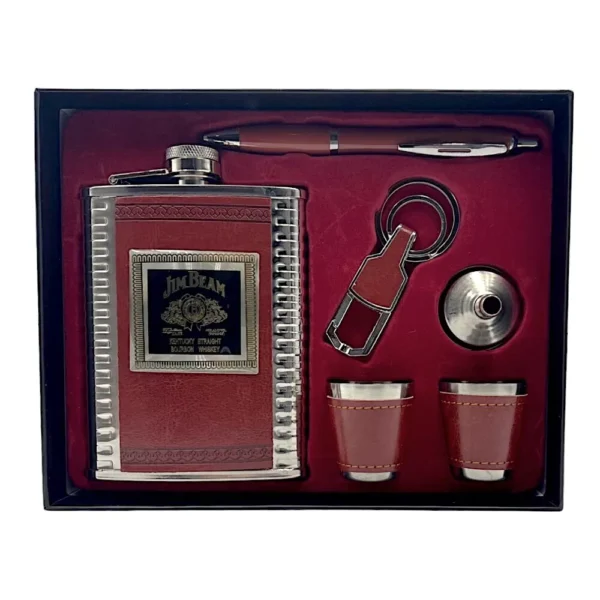 JIM BEAM HIP FLASK,SHOT GLASS, OPENER ANDPEN GIFT SET STAINLESS STEEL