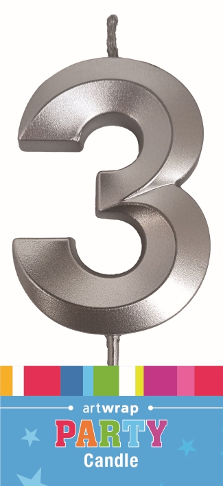 CANDLE SINGLE NUMBER METALLIC SILVER 3