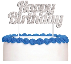 E4109.jpg CAKE TOPPER 1PK GLITTER SILVER BIRTHDAY