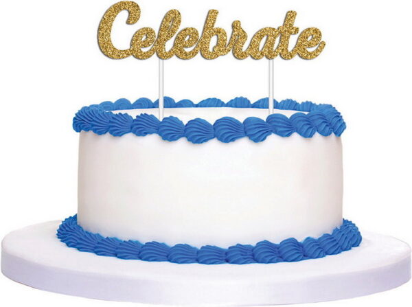 CAKE TOPPER 1PK GLITTER GOLD CELEBRATE