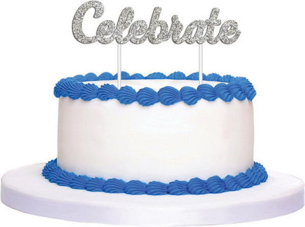 CAKE TOPPER 1PK GLITTER SILVER CELEBRATE