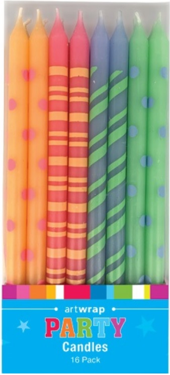 CANDLE 16PK 12CM PRINTED BRIGHTS
