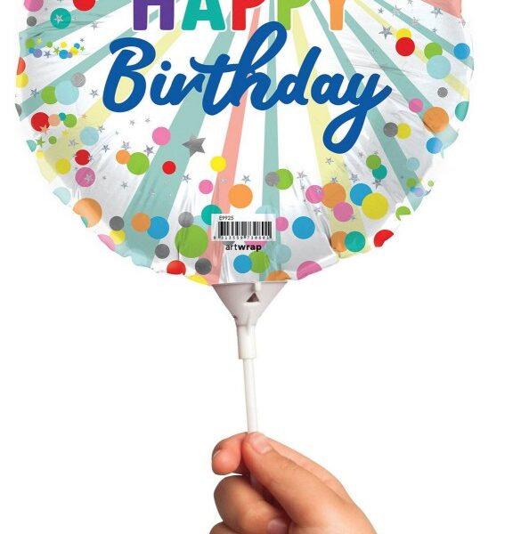 E9925.jpg BALLOON FOIL 22CM WITH STICK HAPPY BIRTHDAY CONFETTI
