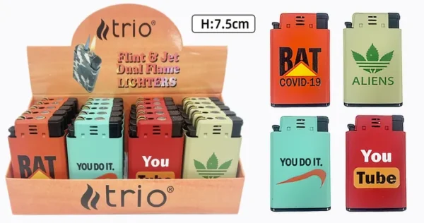 TRIO1 DUAL FLAME FLINT AND JET LIGHTER MIXED DESIGNS X 20 NL800A2