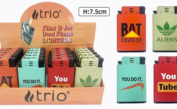 TRIO1 DUAL FLAME FLINT AND JET LIGHTER MIXED DESIGNS X 20 NL800A2