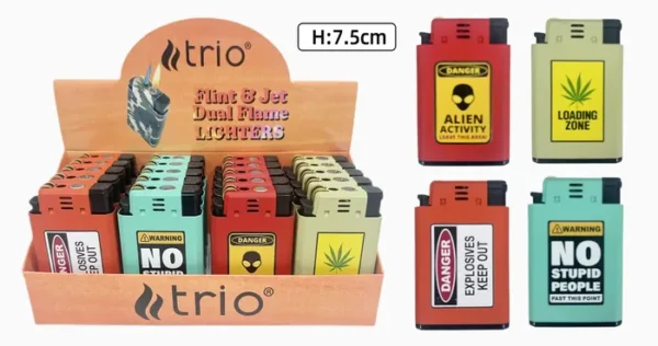 TRIO222 DUALFLAME FLINT AND JET LIGHTER WARNING DESIGNS X 20
