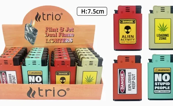 TRIO222 DUALFLAME FLINT AND JET LIGHTER WARNING DESIGNS X 20